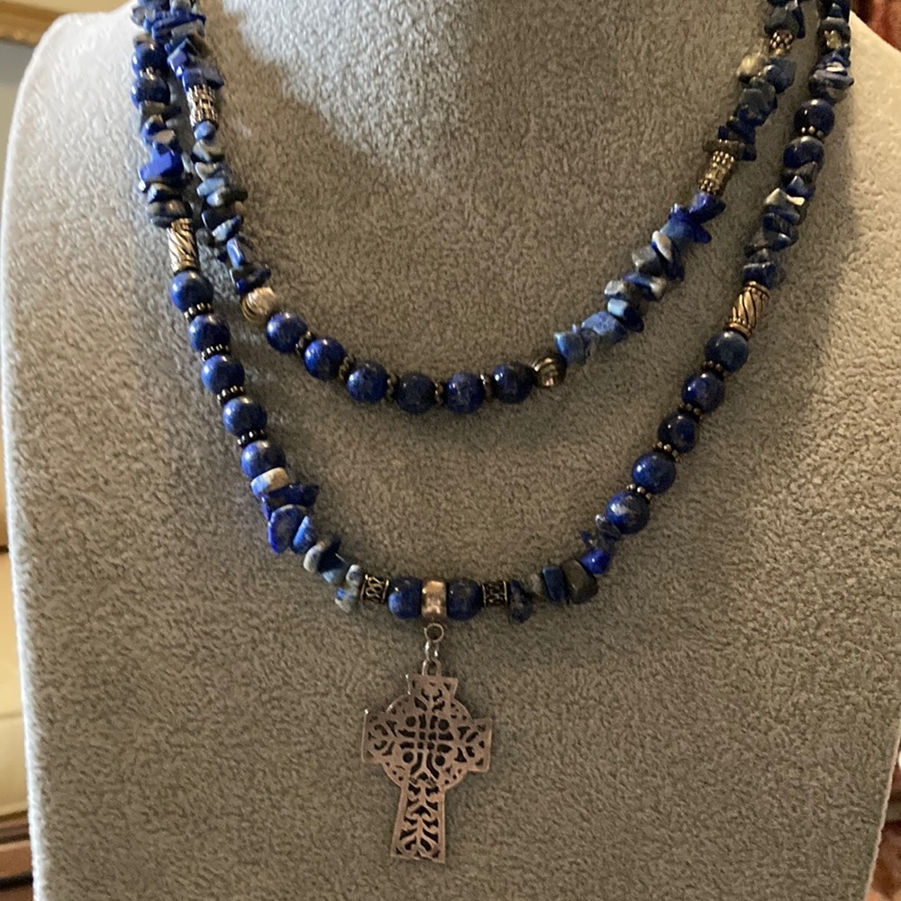 Blue Lapis Necklace with silver Celtic Cross Pendant